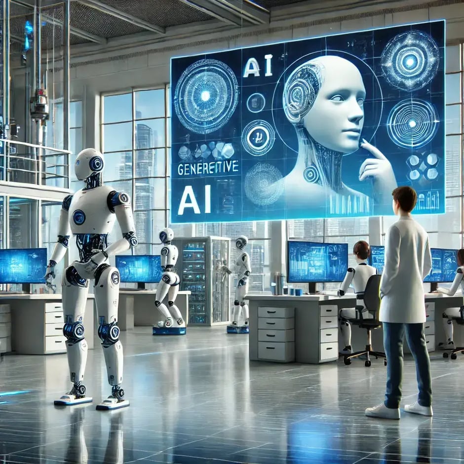 DALL·E 2024-09-25 13.50.50 - A modern robotics lab where advanced robots are working side by side with humans. One robot is using generative AI to make decisions while another is -1